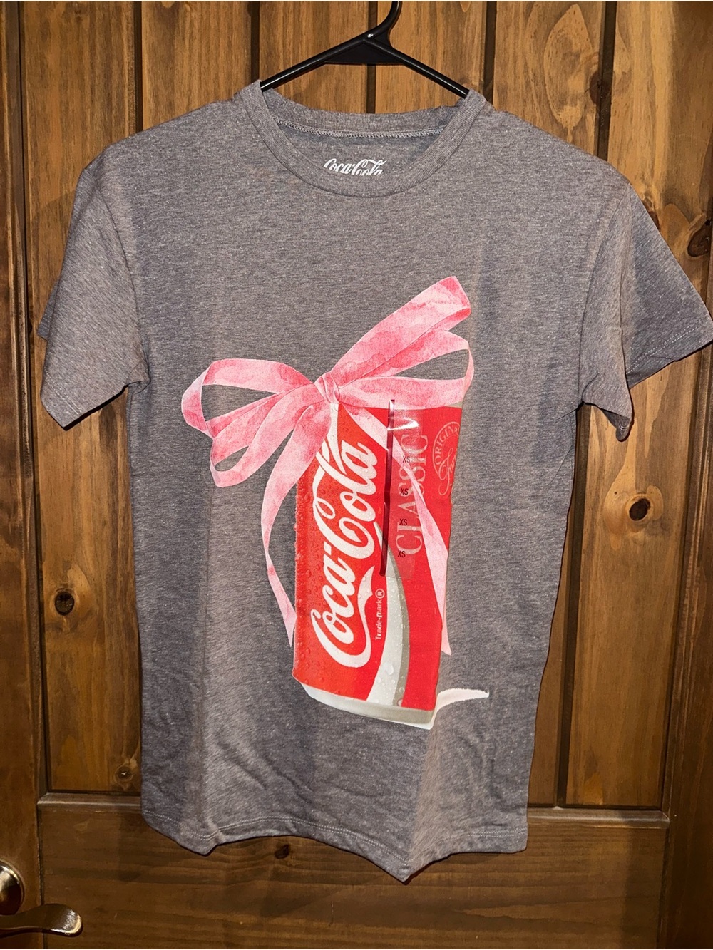 Coca Cola womens Gray T-Shirt with Pink Bow & Red Can Graphic